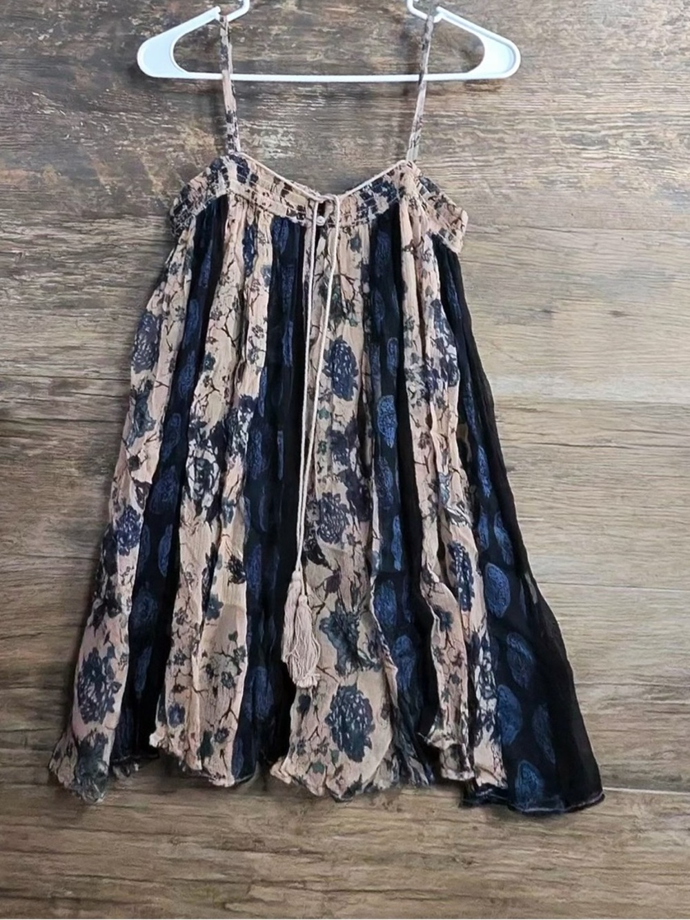 Free People Beige and Black Floral Tank with Tassel Tie